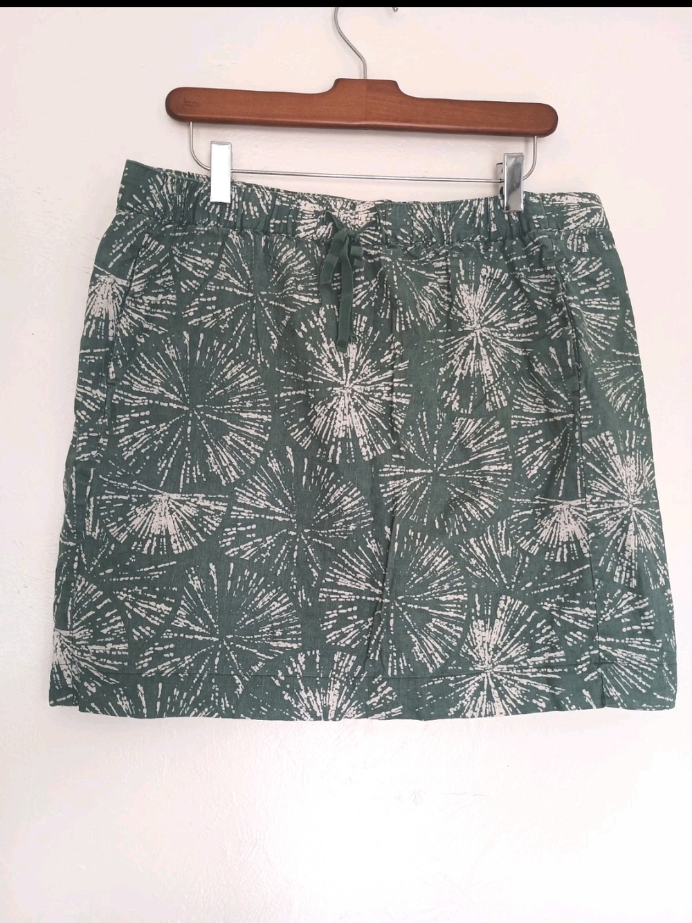 Fossil Teal Linen Cotton Green Burst-Print Drawstring Mini Skirt